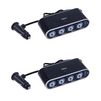 2 шт. Портативный 4-полосный адаптер-разветвитель для автомобильного прикуривателя постоянного тока с USB-портом/светодиодным управлением (черный)