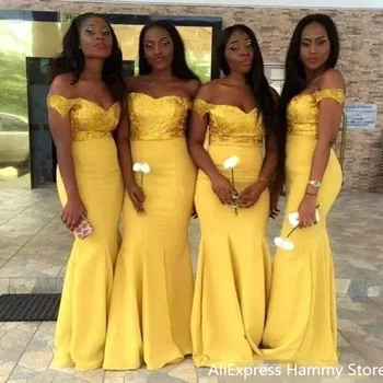 2020 Новые Африканские Желтые Дешевые Платья Подружек Невесты Русалки С Открытыми Плечами, Атласные Платья Для Свадебной вечеринки С Блестками, Вечерние Платья Горничной