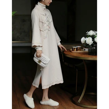 2023 Демисезонное Элегантное Белое Шерстяное Платье Ципао с Вышивкой и Длинным рукавом для Женщин, Модное Платье в Китайском Стиле, Cheongsam Vestidos