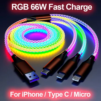 6A 66 Вт RGB Подсветка Быстрая Зарядка USB Type C Кабель Для Samsung Xiaomi Huawei OPPO Аксессуары Для Телефонов Автомобильный Зарядный Шнур Для iPhone
