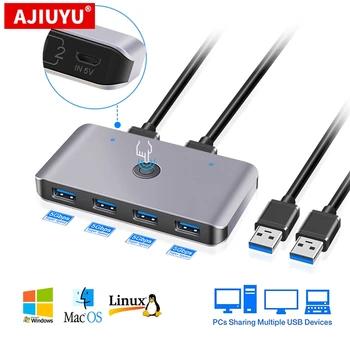 AJIYUU USB KVM Распределительная коробка USB 3,0 2,0 Переключатель 2 Порта ПК с общим доступом к 4 Устройствам для Клавиатуры Мыши Принтера Монитора с 2 кабелями