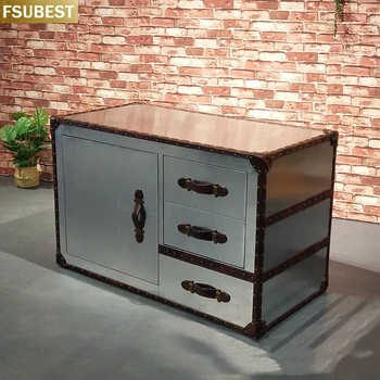 FSUBEST Античный Классический Дизайн В Индустриальном Стиле Алюминиевый Боковой Шкаф для Хранения Американская Винтажная Кожаная Мебель Для хранения