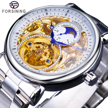 Forsining 2019 Белые наручные часы с золотым Скелетом, Синие стрелки, Серебристые мужские механические часы из нержавеющей стали, Водонепроницаемый дизайн