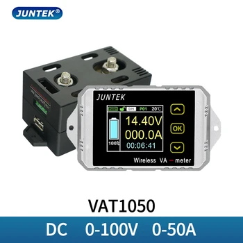 JUNTEK VAT1050 100V 50A Беспроводной амперметр вольтметр контроль емкости батареи кулоновский счетчик 12V 24V 48V цветной экранный измеритель
