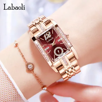 LABAOLI Женские часы-браслет из нержавеющей стали для дам, кварцевые наручные часы, прямоугольный квадратный циферблат, Красный горный хрусталь, женские часы