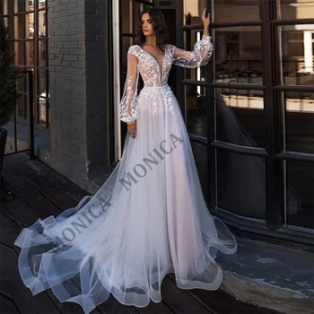 MONICA Элегантный Глубокий V-образный вырез, длинный рукав, кружевные аппликации, тюль, длина до пола, красивые свадебные платья для 2022 года, Новый стиль