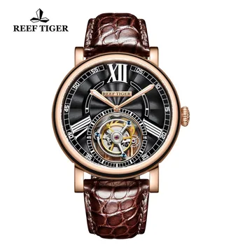 Reef Tiger/RT Роскошные Повседневные Часы для Мужчин с Коричневым Ремешком из кожи Аллигатора, с Турбийоном из Розового Золота, Автоматические Часы RGA1999