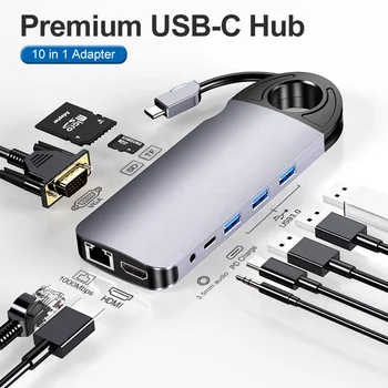 USB C КОНЦЕНТРАТОР к HDMI-совместимому адаптеру VGA USB 3.0 10 в 1 USB Type C Концентратор-док-станция для MacBook Pro Air PD RJ45 SD-ридер 3,5 мм Аудио