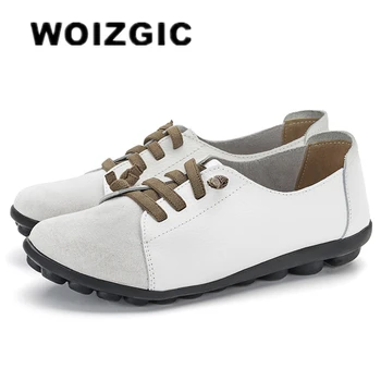 WOIZGIC/Женская обувь для Мам из натуральной кожи, Лоферы на плоской подошве, Мягкие Мокасины на шнуровке, Большие Размеры 43 44 MX-052