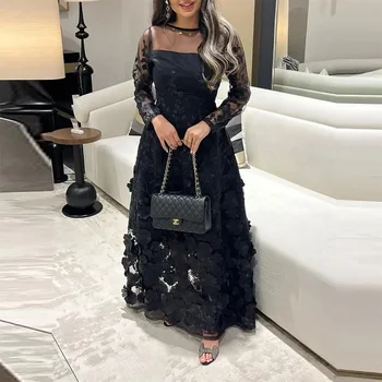 Xijun Dubai, Черные вечерние платья с кружевными аппликациями в виде 3D цветов, Длинные рукава с круглым вырезом, Саудовские Арабские Женские вечерние платья для выпускного вечера 2023