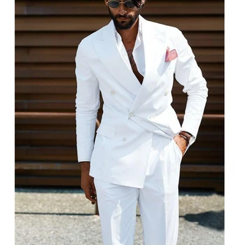 Белые Двубортные Мужские Костюмы Slim Fit, Свадебные Смокинги для Жениха, 2 предмета, Повседневный Стиль, Мужской Модный костюм Homme (куртка + брюки)