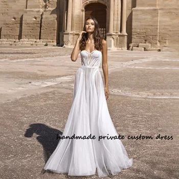 Белые свадебные платья в виде сердца, иллюзионное тюлевое пляжное платье невесты трапециевидной формы, Длинные Израильские свадебные платья на заказ
