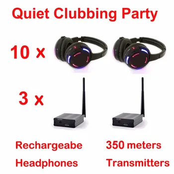 Беспроводные наушники Silent Disco Led - комплект для тихой клубной вечеринки (10 гарнитур + 3 передатчика)