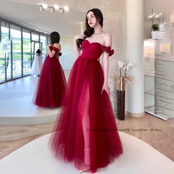 Бордовый цветок 3D off группа плеча платья выпускного вечера с разрезом сбоку тюль милая выпускные платья линии длинное вечернее платье для выпускного вечера