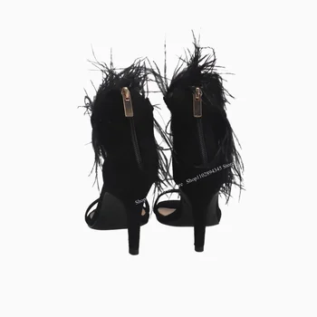 Босоножки с круглым носком, украшенные перьями, с застежкой-молнией на тонком высоком каблуке, Модная Женская обувь большого размера, летние вечерние Zapatillas Mujer