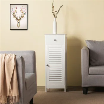 Деревянный напольный шкаф для хранения SmileMart с выдвижным ящиком и дверцей с одним затвором для ванной комнаты в гостиной, белый