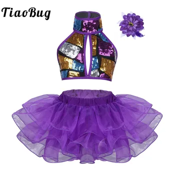 Детский Балетный костюм для современных бальных танцев с блестками для девочек, Сценическое представление, Укороченный топ на бретелях с юбкой, Танцевальная одежда