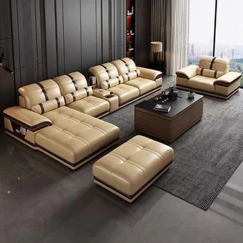 Европейский роскошный тип простого дизайна, кожаный секционный диван для гостиной, мебель на деревянном каркасе, диваны-софы