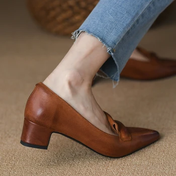 Женская обувь из овчины на каблуке 4 см Во французском стиле Ретро, удобные туфли на среднем каблуке, Весна-осень, Офисные женские туфли-лодочки, Женская обувь на модельном каблуке