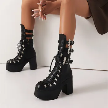 Женские Ботильоны в стиле панк, Ботинки на платформе с перекрестной шнуровкой и пряжкой на ремне, Теплые зимние ботинки с плюшевой подкладкой