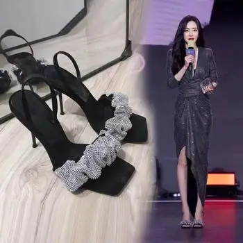 Женские босоножки 2021 года с такой же водяной дрелью на высоком каблуке, женская обувь с головкой Wang Fan, тапочки на тонком каблуке