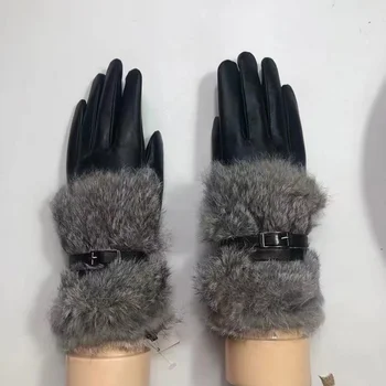 Женские высококачественные модные перчатки из овчины с сенсорным экраном и плюшевым кроликом, зимние теплые модные кожаные перчатки для вождения