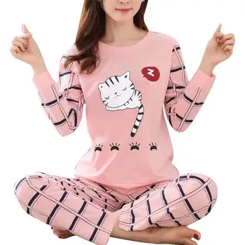 Женский костюм, Зимний Пижамный комплект с милым рисунком кота из мультфильма, Женская пижама-двойка с длинными рукавами, брючные костюмы
