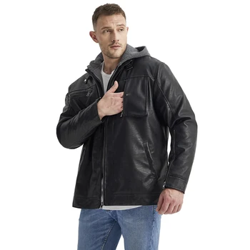 Зимняя мужская куртка С длинными манжетами на молнии, съемная куртка с капюшоном, модная повседневная куртка из искусственной мотоциклетной кожи с большим множеством карманов