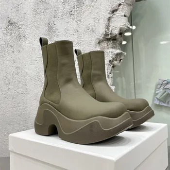 Кожаные эластичные непромокаемые ботинки на толстой подошве Новые женские ботинки Челси на высоком каблуке с круглым носком