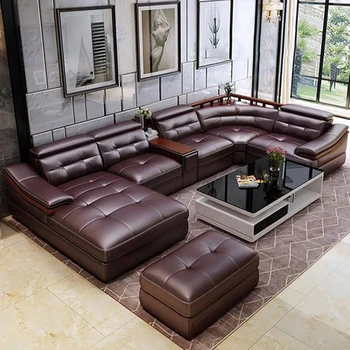 Кожаный диван из воловьей кожи, современный минималистичный диван, размер квартиры, угловой диван для гостиной, U-образная комбинированная мебель