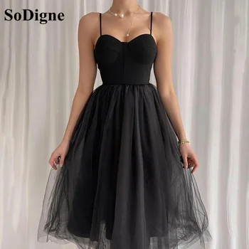 Короткое Платье для выпускного вечера из черного Тюля SoDigne, Элегантное Простое вечернее платье Чайной длины для торжественного приема