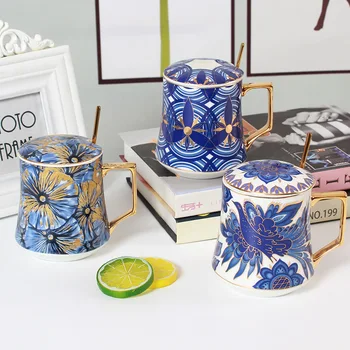 Креативная керамическая чашка для воды в китайском стиле, Кружка большой емкости, кофейная чашка с крышкой, чашка из костяного фарфора для домашнего офиса