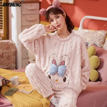 Милые пижамы для девочек, зимний Бархатный пижамный комплект с вышивкой Кавайного кролика, Пижамный комплект в корейском минималистичном стиле для подростков