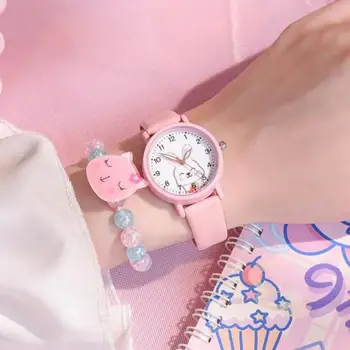 Модный круглый кварцевый циферблат с изображением Мультяшного кролика, повседневные наручные часы, кожаный ремешок, модные часы, Водонепроницаемые наручные часы для детей