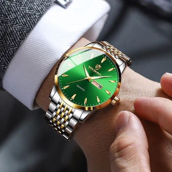 Мужские кварцевые часы BINBONG, Роскошные позолоченные Модные зеленые часы с Водяным Призраком, Светящийся дисплей Еженедельного календаря, Водонепроницаемые часы