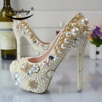 Новое поступление 2019 года, женские свадебные туфли, рисово-белые, со стразами и жемчугом, модельные туфли для свадебной вечеринки, обувь для подружки невесты на высоком каблуке и платформе