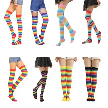 Новые женские радужные чулки, разноцветные полосатые носки выше колена, длинные гетры, сценическое представление, милые носки, Сексуальные женщины