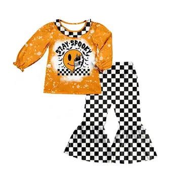 Оптовая продажа, Комплекты одежды для девочек на Хэллоуин с Рисунком Тыквы из Мультфильма, Клетчатые брюки-клеш с длинными рукавами