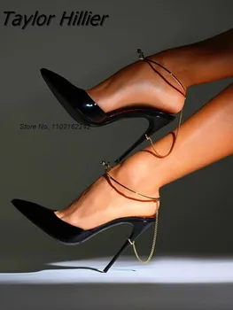 Пикантные вечерние туфли-лодочки с металлической цепочкой на высоком каблуке, модные легкие женские туфли из лакированной кожи, футболка-гладиатор