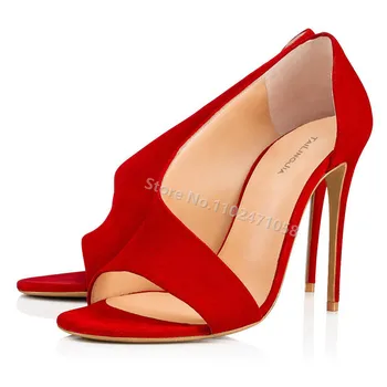 Пикантные красные Босоножки на тонком каблуке с открытым носком, Асимметричные женские туфли-лодочки без застежки, летние женские вечерние туфли на высоком каблуке
