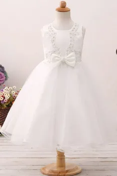 Платье с цветочным узором для девочек, Белый Топ с жемчугом и бантом, облегающий Свадебную вечеринку, День Рождения, Платья для Первого Причастия