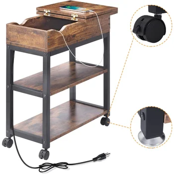 Приставной столик с зарядной станцией, откидной столик с полкой для хранения, USB-портами и розетками питания для небольших помещений