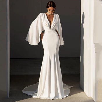 Простое Свадебное платье Трапециевидной формы с V-образным вырезом и длинным рукавом, пуговицы с жемчугом, Мягкая Атласная пуговица сзади, Свадебное платье Vestido De Noiva