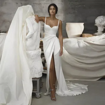 Простые Свадебные платья Русалки для Женщин 2023, Атласное Платье Невесты в стиле Бохо с Разрезом Сбоку и открытой спиной, Богемные Свадебные Платья Vestidos De Noiva