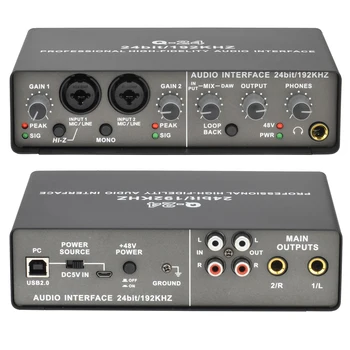 Профессиональный Аудиоинтерфейс 24 Бит 192 кГц с 2 Входами Звуковой Карты для Электрогитары Loopback USB Внешняя Студийная Запись на ПК Q24