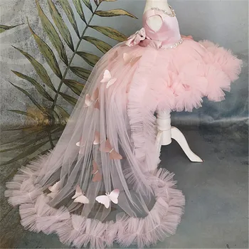 Розовое детское платье, пышное платье для девочек со шлейфом, платье в цветочек для девочек, бант, милые детские платья на День рождения, Первое Причастие