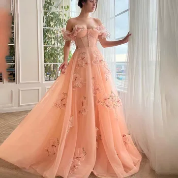 Розовые платья для выпускного вечера с 3D цветочной вышивкой Трапециевидной формы из тюля с открытыми плечами, Длинное платье для Выпускного Вечера, платья для вечеринок Принцессы