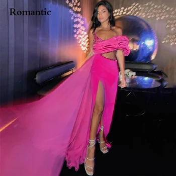 Романтическое розовое вечернее платье из тюля на одно плечо с хрустальными бусинами, Шлейф с разрезом по ногам, вечерние платья для женщин, длинные 2022