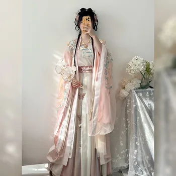 Рубашка с большим рукавом длиной до талии Hanfu, Плиссированная юбка на подтяжках, Постепенная вышивка, Древняя одежда для китайских народных танцев, одежда для сцены