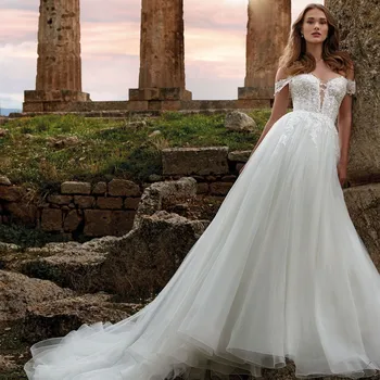 Свадебные платья в стиле бохо с открытыми плечами, кружевные аппликации, длинное свадебное платье из тюля в стиле милой девушки, свадебное платье 2021